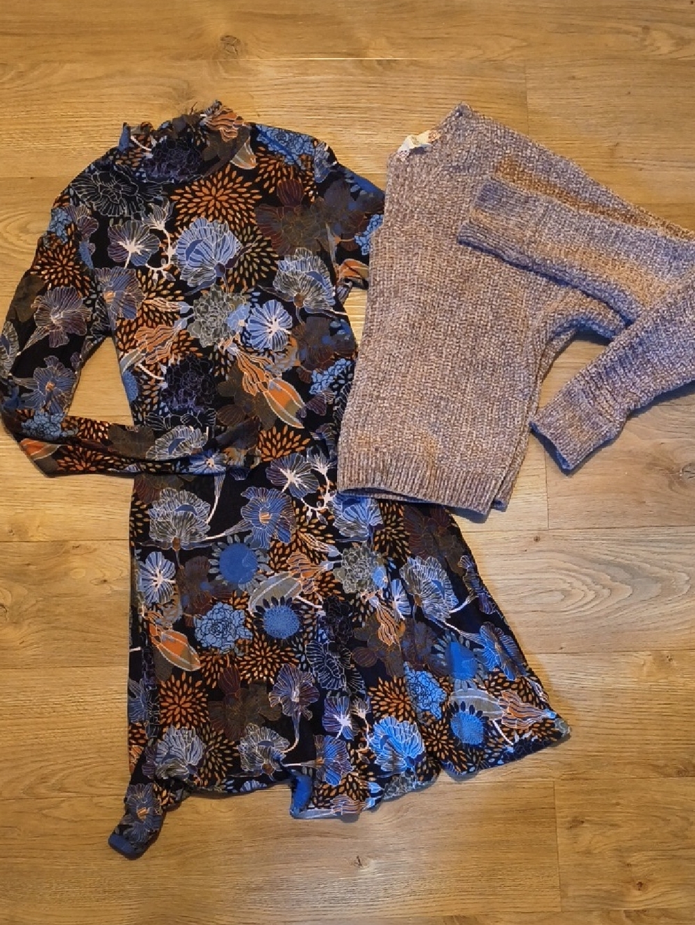 Floral Mock Neck Dress With Brown Sweater